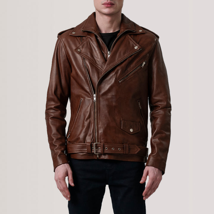 Kole Distressed Black Leather Double Rider Jacket - Distressed Brown image