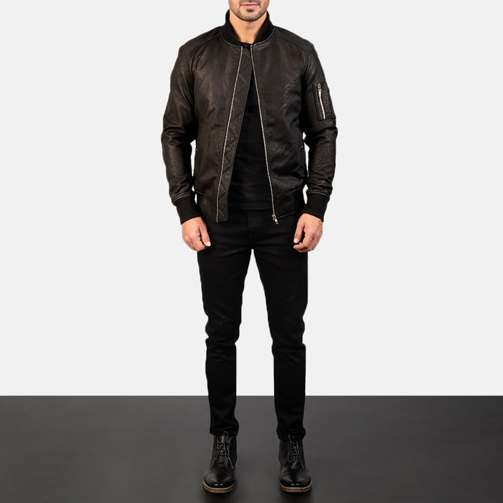 Bomia Ma-1 Distressed Black Leather Bomber Jacket image 4