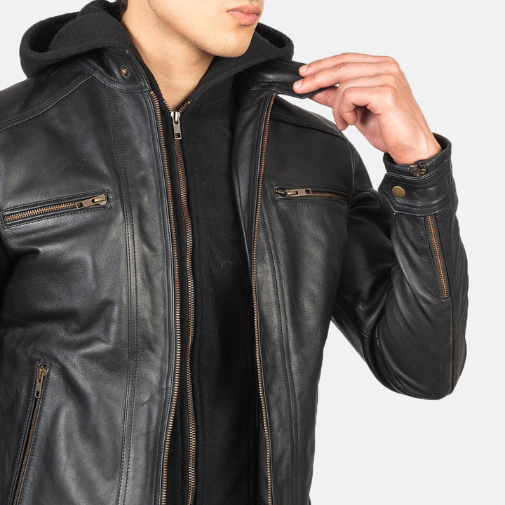 Hector Black Hooded Leather Biker Jacket image 4