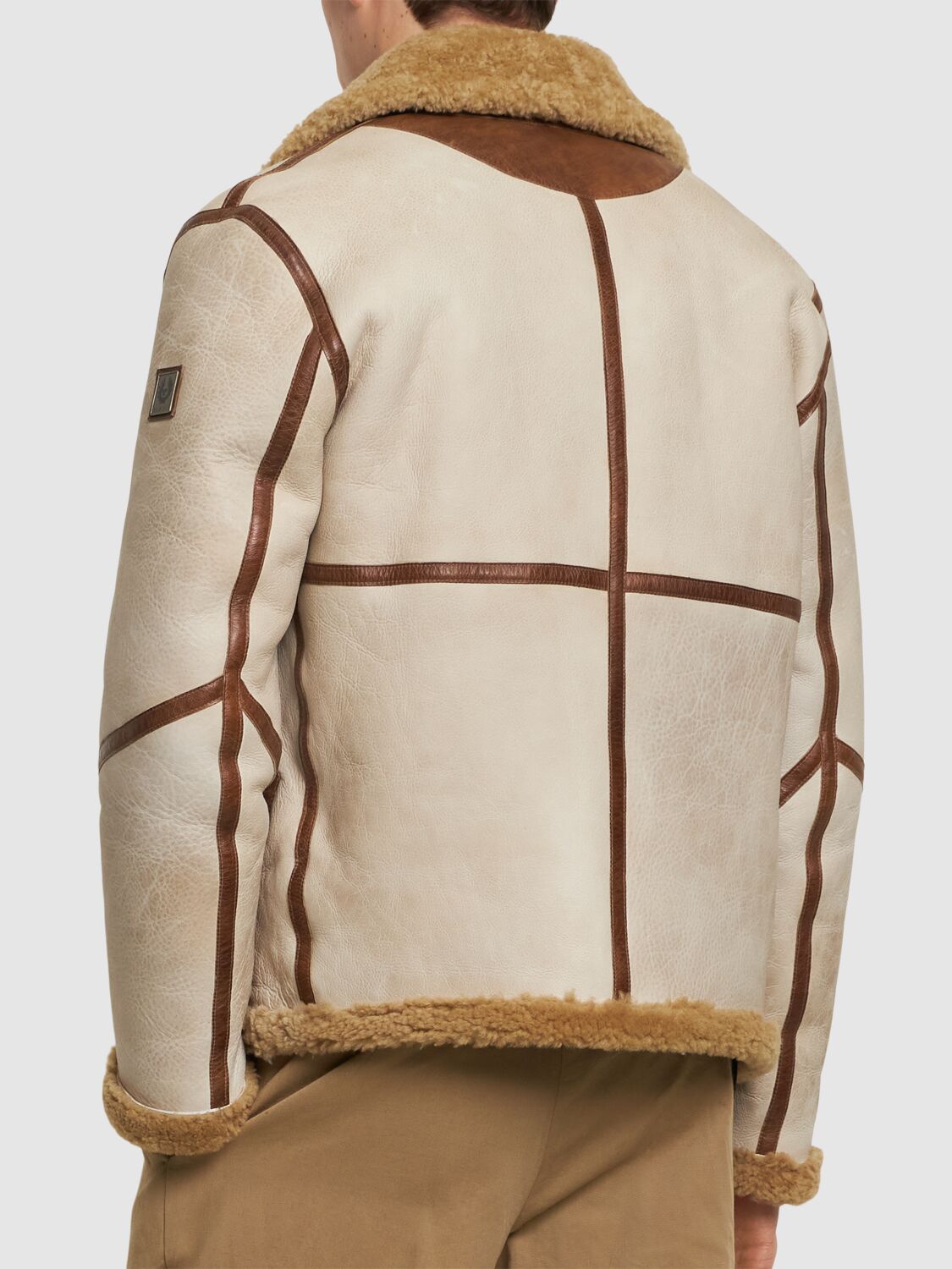 Men's Cream Full-Grain  Cowhide Leather Sheep Fur Jacket Brown Trim Real Luxury Aviator Bomber