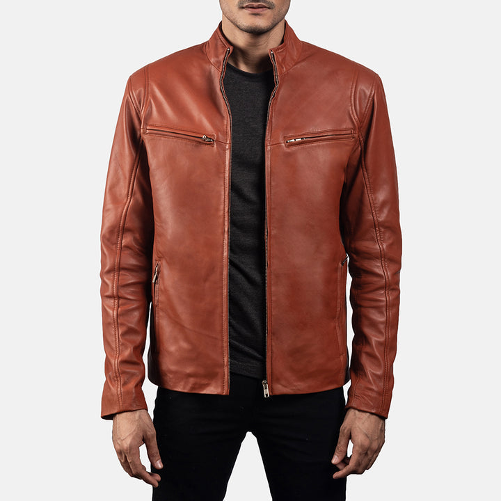 Ionic Tan Brown Leather Biker Jacket image 1