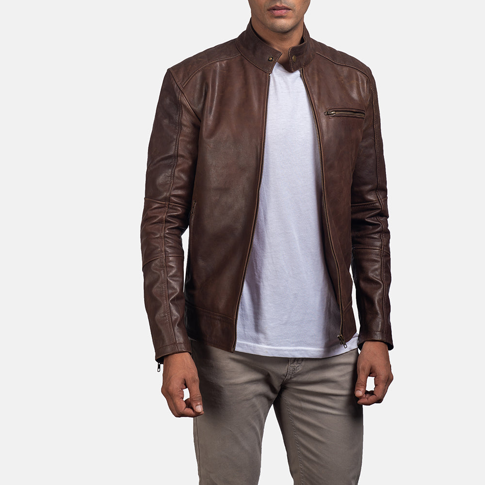 Dean Black Leather Biker Jacket - Brown image