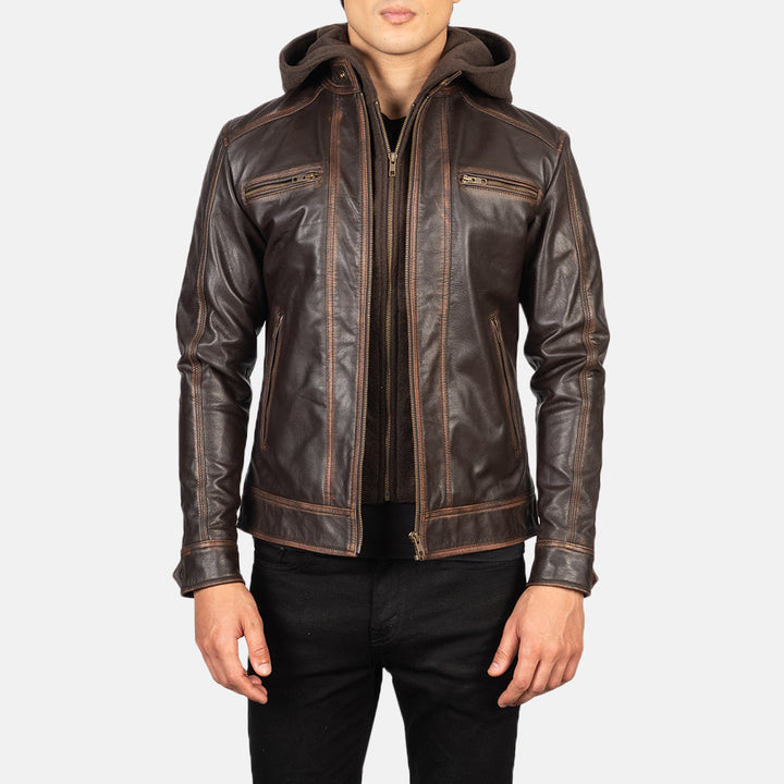 Hector Vintage Brown Hooded Leather Biker Jacket image 2