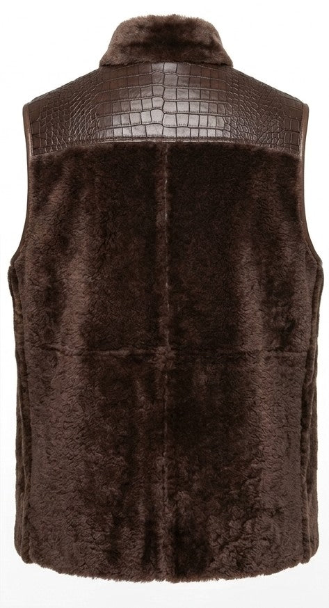 Men's Brown Leather Vest Faux Sheepskin Crocodile Pattern Warm Fur Waistcoat