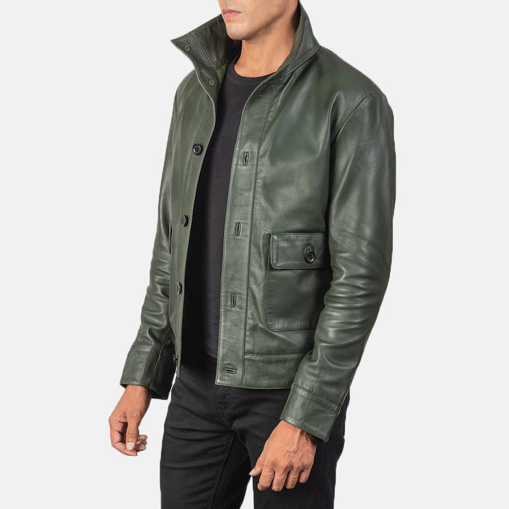 Columbus Green Leather Bomber Jacket - Green image