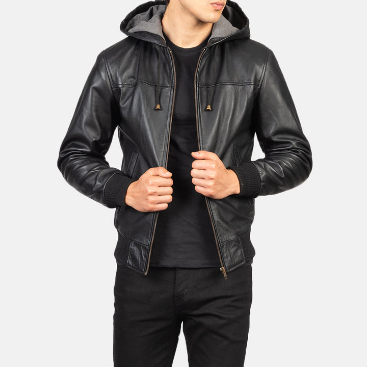 Nintenzo Black Hooded Leather Bomber Jacket - Black image