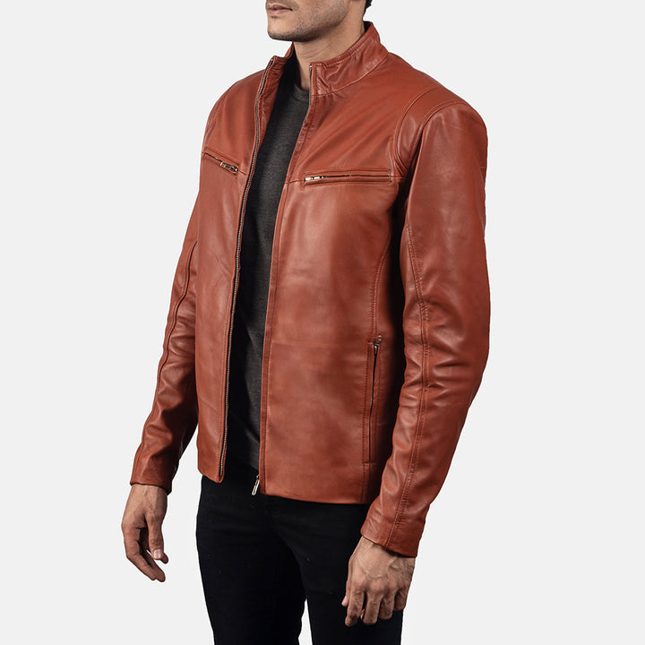 Ionic Tan Brown Leather Biker Jacket image 4