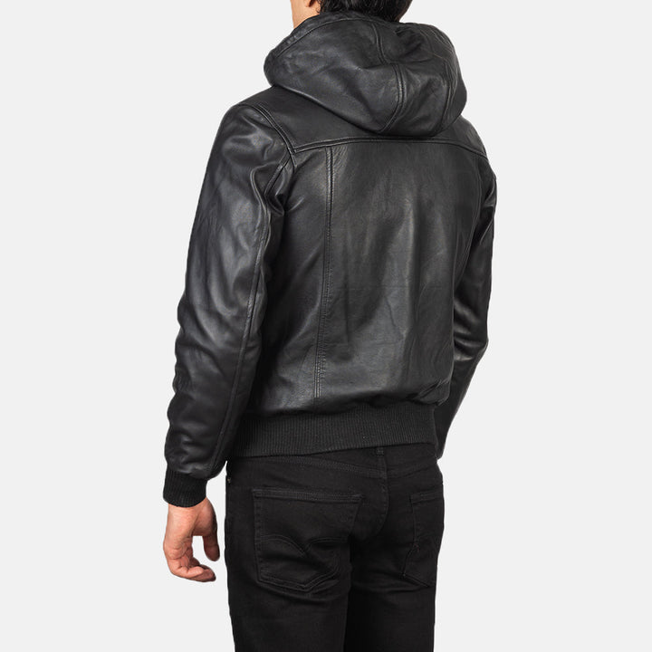 Nintenzo Black Hooded Leather Bomber Jacket image 1