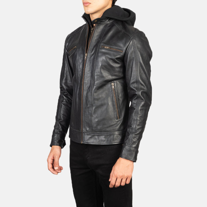 Hector Black Hooded Leather Biker Jacket image 3