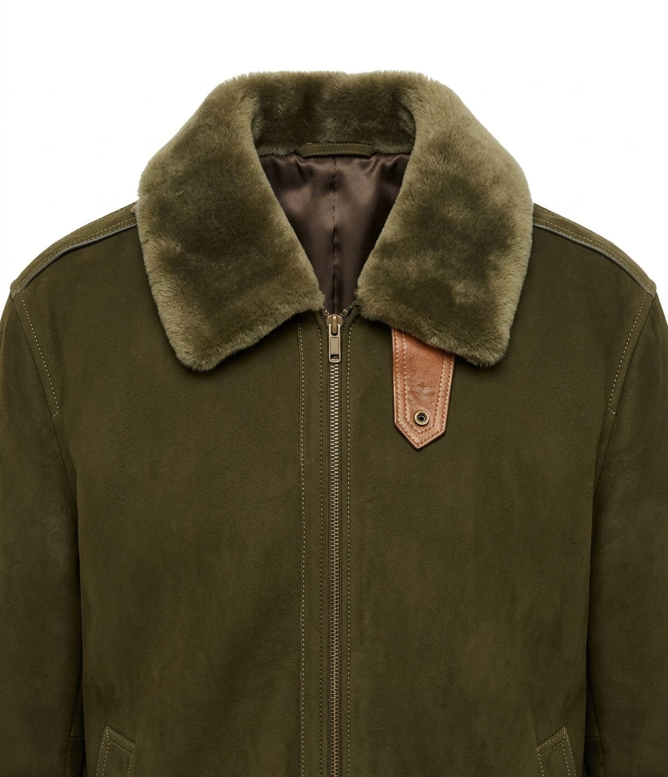 Men's Green Genuine Suede Leather Jacket Sherpa Collar Bomber Flight Coat Zip