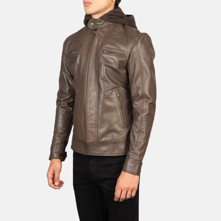 Hector Brown Hooded Leather Biker Jacket image 3