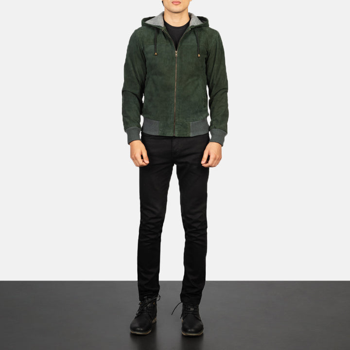 Nintenzo Green Hooded Suede Bomber Jacket image 2