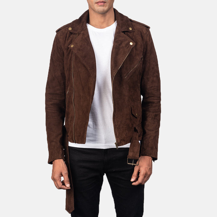 Allaric Alley Distressed Black Leather Biker Jacket - Brown Suede image