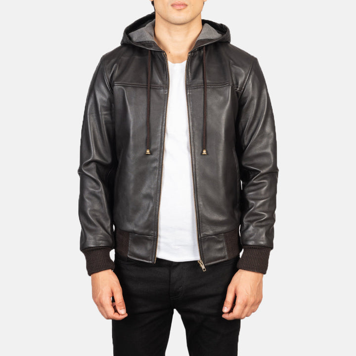 Nintenzo Brown Hooded Leather Bomber Jacket image 3
