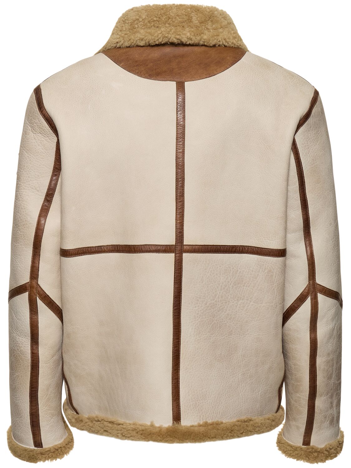 Men's Cream Full-Grain  Cowhide Leather Sheep Fur Jacket Brown Trim Real Luxury Aviator Bomber