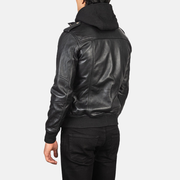 Bravado Black Hooded Leather Bomber Jacket image 1