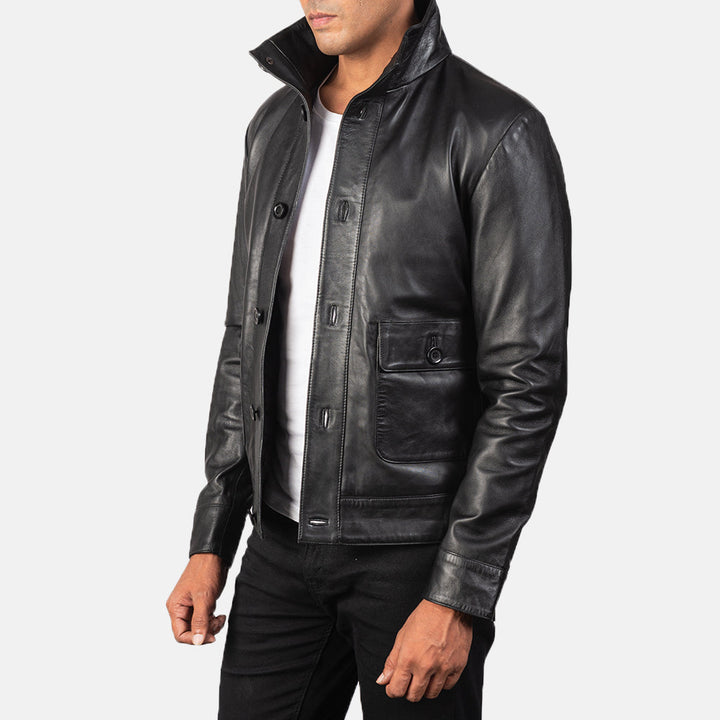Columbus Brown Leather Bomber Jacket - Black image