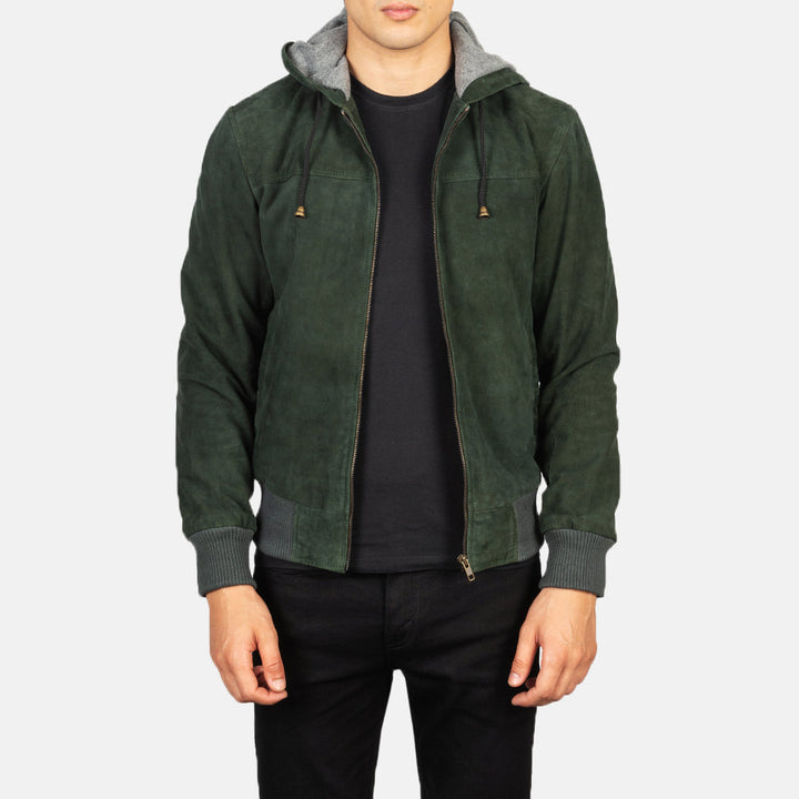Nintenzo Brown Hooded Leather Bomber Jacket - Green image