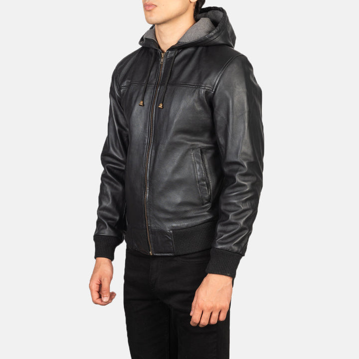 Nintenzo Black Hooded Leather Bomber Jacket image 2