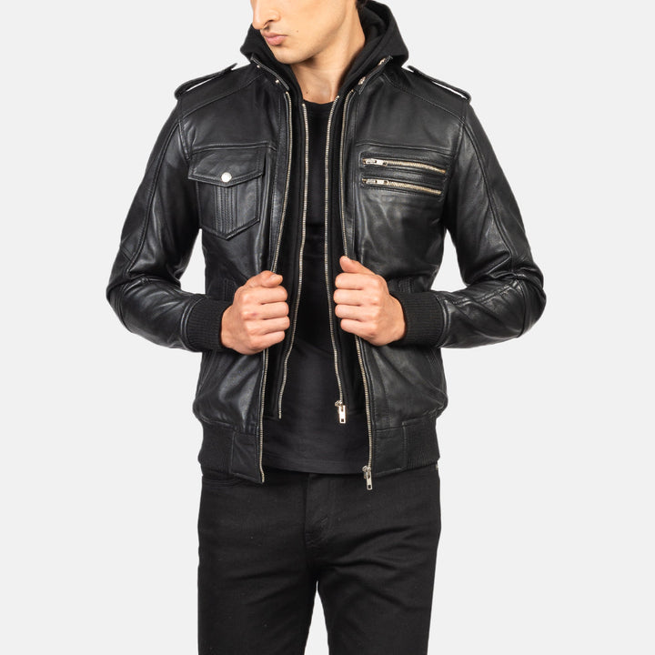 Bravado Black Hooded Leather Bomber Jacket - Black image