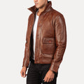 Columbus Green Leather Bomber Jacket - Brown image
