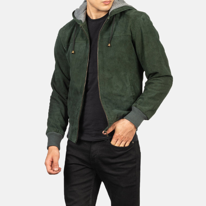 Nintenzo Green Hooded Suede Bomber Jacket image 4