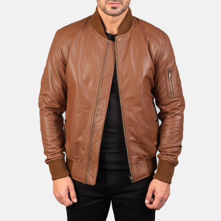 Bomia Ma-1 Brown Leather Bomber Jacket - Brown image