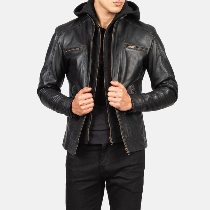 Hector Vintage Brown Hooded Leather Biker Jacket - Black image