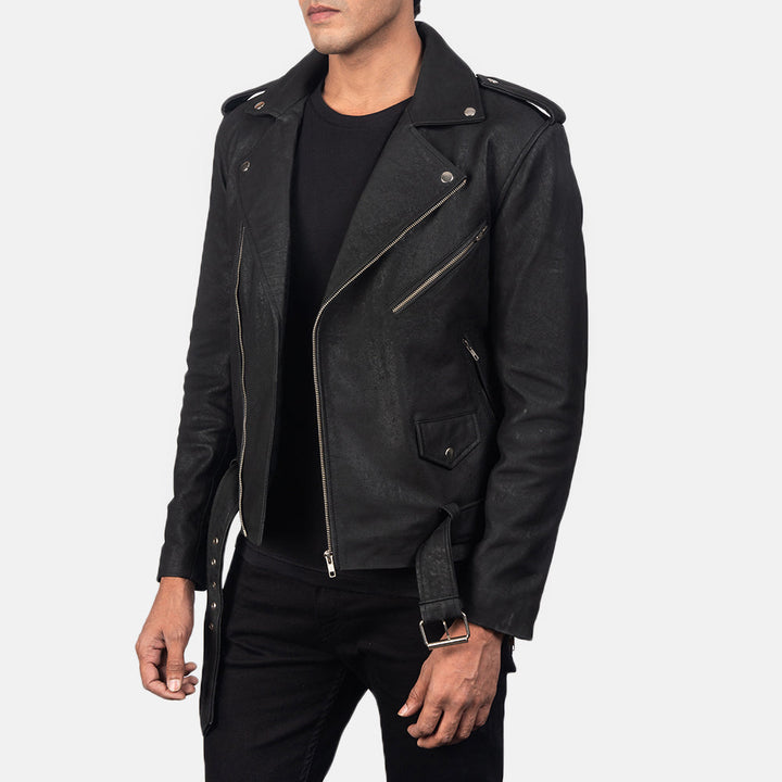 Allaric Alley Distressed Black Leather Biker Jacket - Distressed Black image