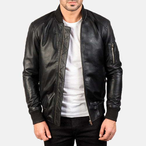 Bomia Ma-1 Black Leather Bomber Jacket image 0