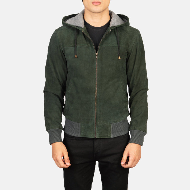 Nintenzo Green Hooded Suede Bomber Jacket image 5