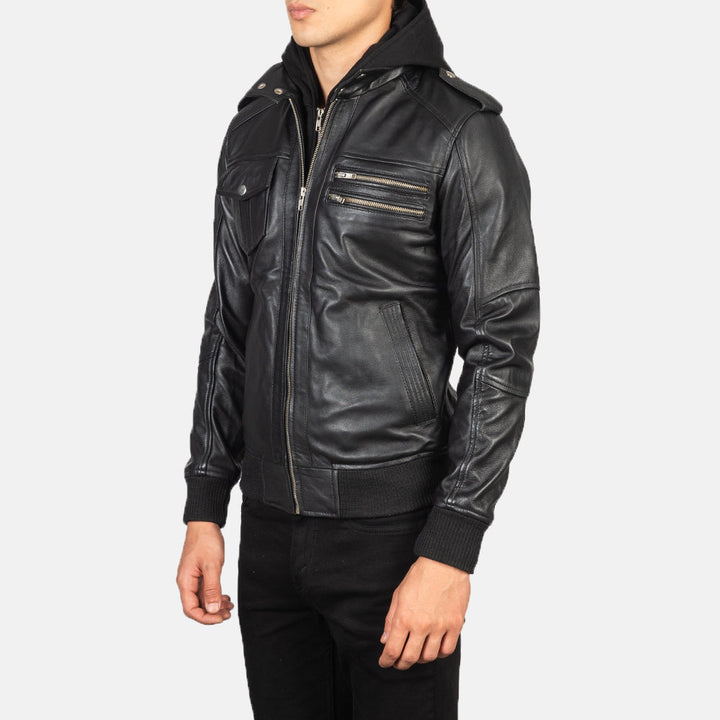 Bravado Black Hooded Leather Bomber Jacket image 2