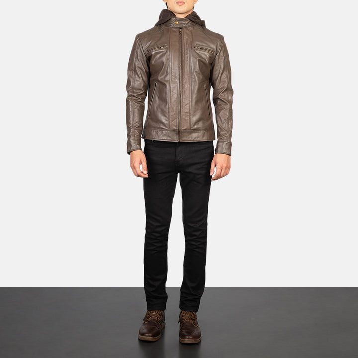 Hector Brown Hooded Leather Biker Jacket image 5