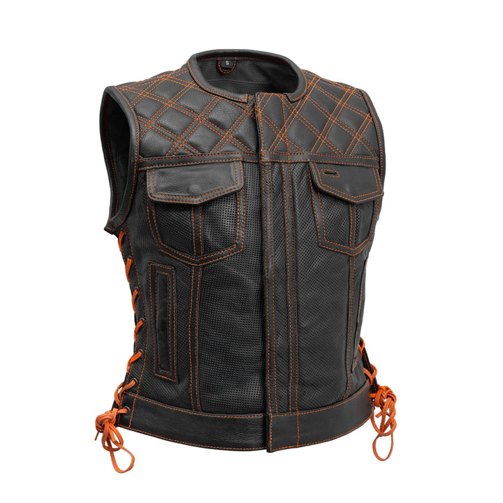 Bonnie Perforated Women's Motorcycle Leather Vest - Black Orange image