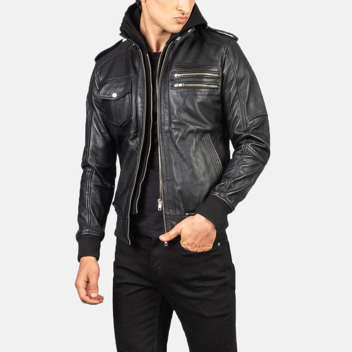 Bravado Black Hooded Leather Bomber Jacket image 4