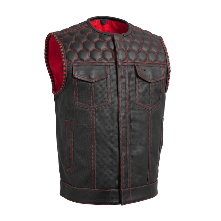 Hornet Perforated Men's Club Style Leather Vest - Black Red image