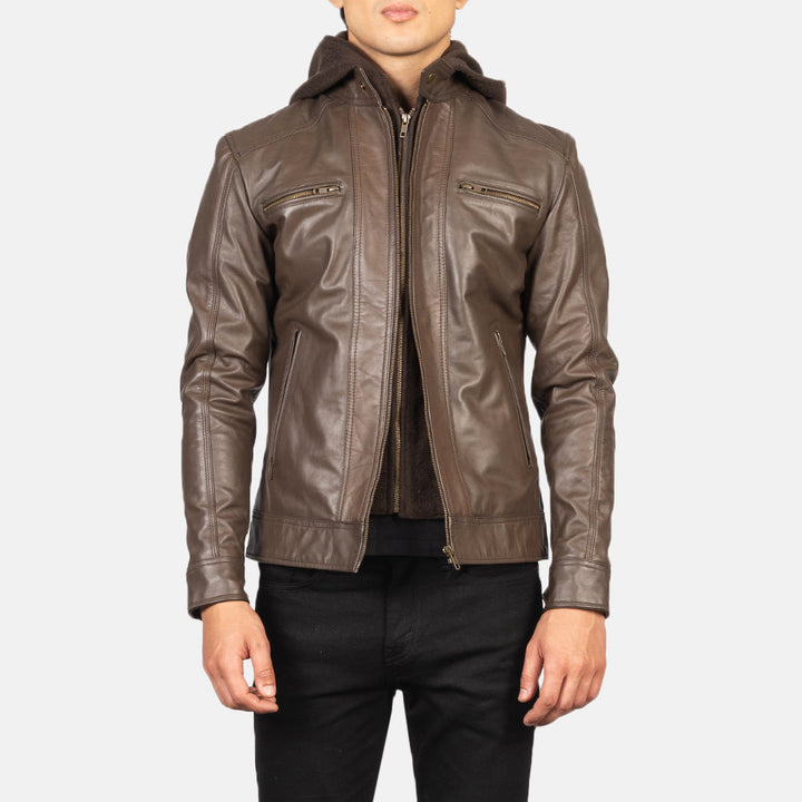 Hector Brown Hooded Leather Biker Jacket image 4