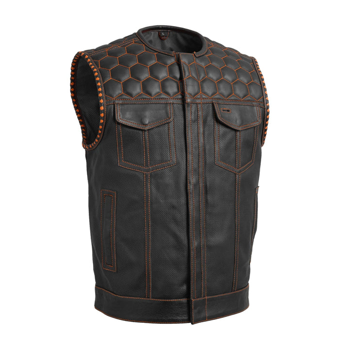 Hornet Perforated Men's Club Style Leather Vest - Black Orange image