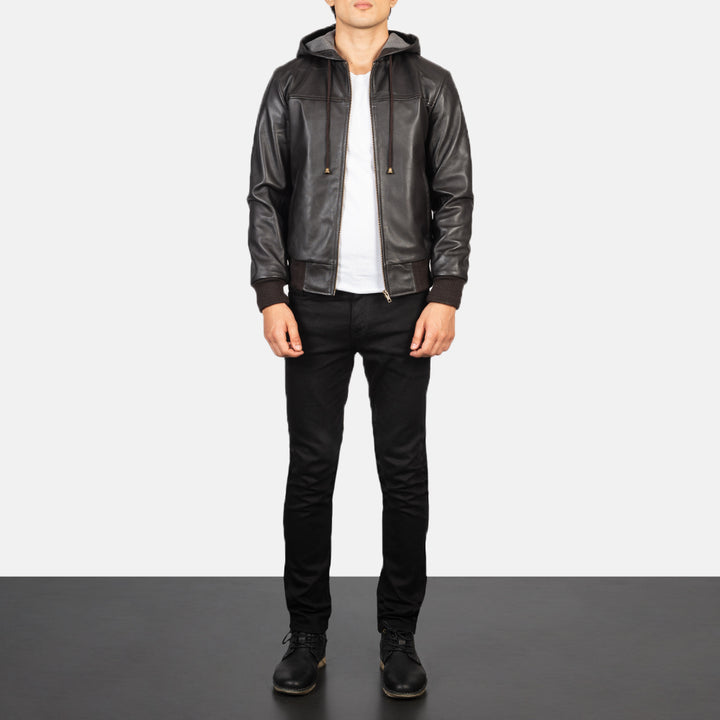 Nintenzo Brown Hooded Leather Bomber Jacket image 5