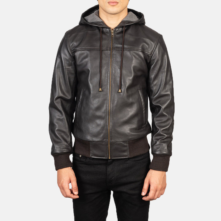 Nintenzo Brown Hooded Leather Bomber Jacket image 4