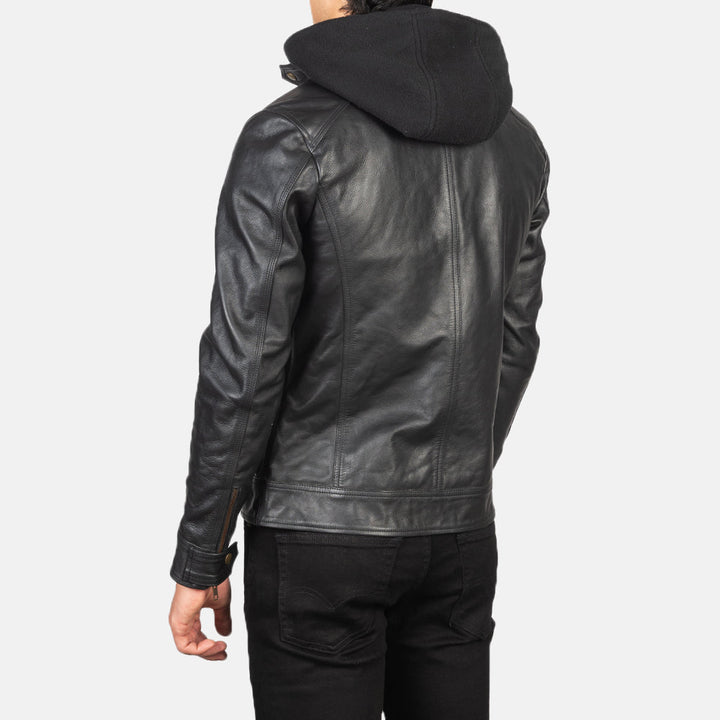 Hector Black Hooded Leather Biker Jacket image 2