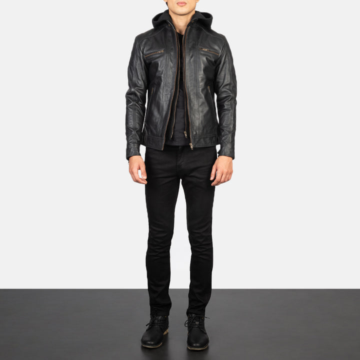 Hector Black Hooded Leather Biker Jacket image 5