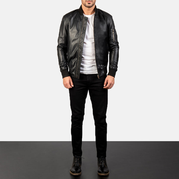 Bomia Ma-1 Black Leather Bomber Jacket image 5