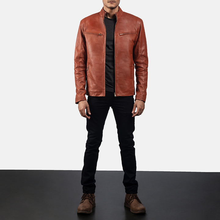 Ionic Tan Brown Leather Biker Jacket image 3