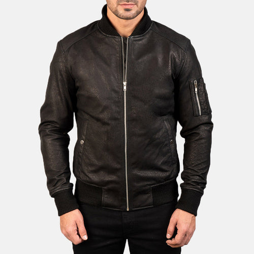 Bomia Ma-1 Distressed Black Leather Bomber Jacket image 0