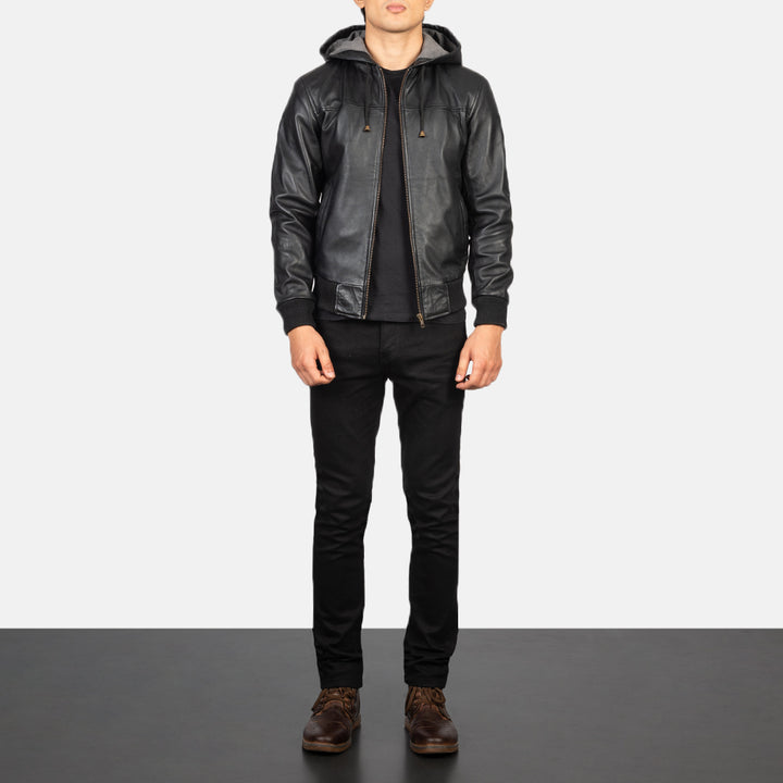 Nintenzo Black Hooded Leather Bomber Jacket image 5