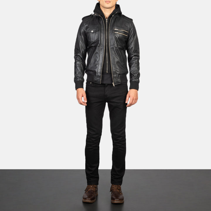 Bravado Black Hooded Leather Bomber Jacket image 5