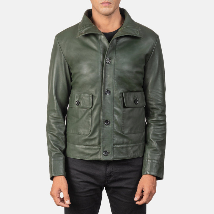 Columbus Green Leather Bomber Jacket image 2