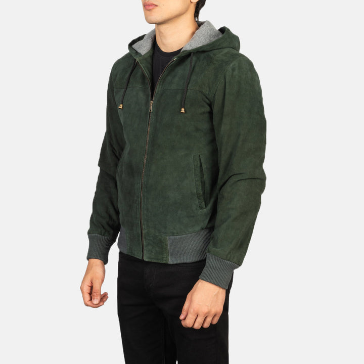 Nintenzo Green Hooded Suede Bomber Jacket image 3