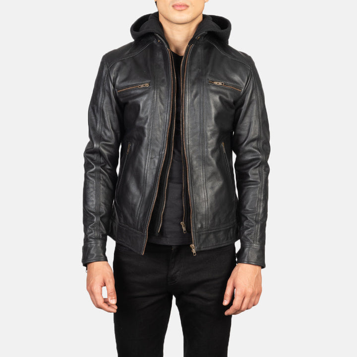 Hector Black Hooded Leather Biker Jacket image 1